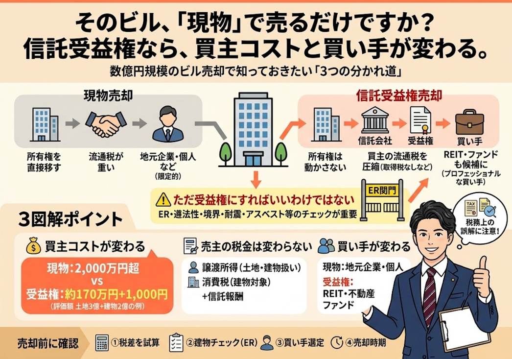 そのビル、「現物」でしか売れないと思っていませんか？——信託受益権にして売ると流通税と買い手が変わる3つの分かれ道