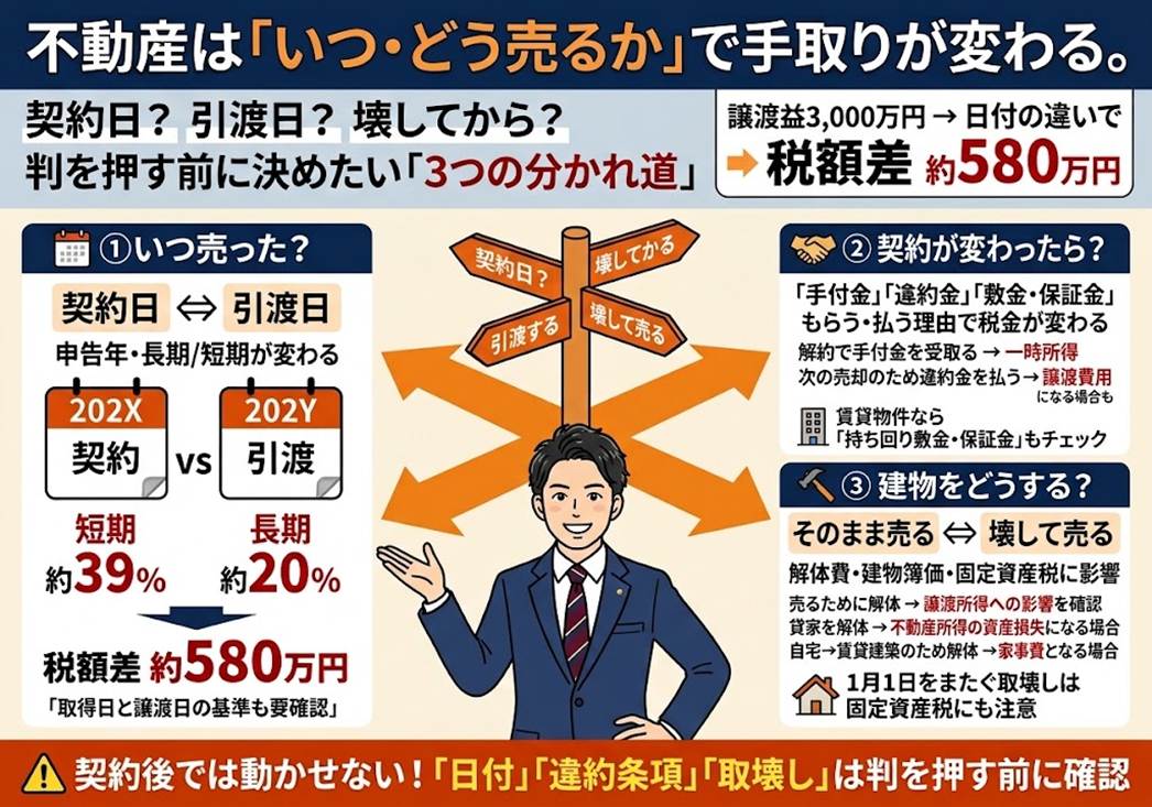 不動産を「売った日」は契約日ですか、引渡日ですか？——売却の日付・違約金・取壊しで手取りが変わる3つの分かれ道