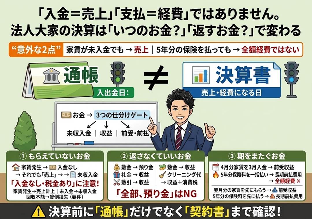 家賃が振り込まれなければ売上もゼロ、と思っていませんか？——法人大家の「もらったお金・もらえないお金」で決算と税金が変わる3つの分かれ道