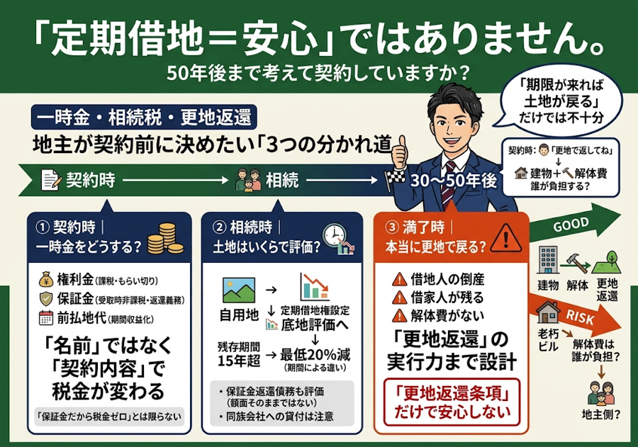 土地を貸すなら「定期借地にしておけば安心」と思っていませんか？——地主が一時金・相続税・満了時で損しない3つ