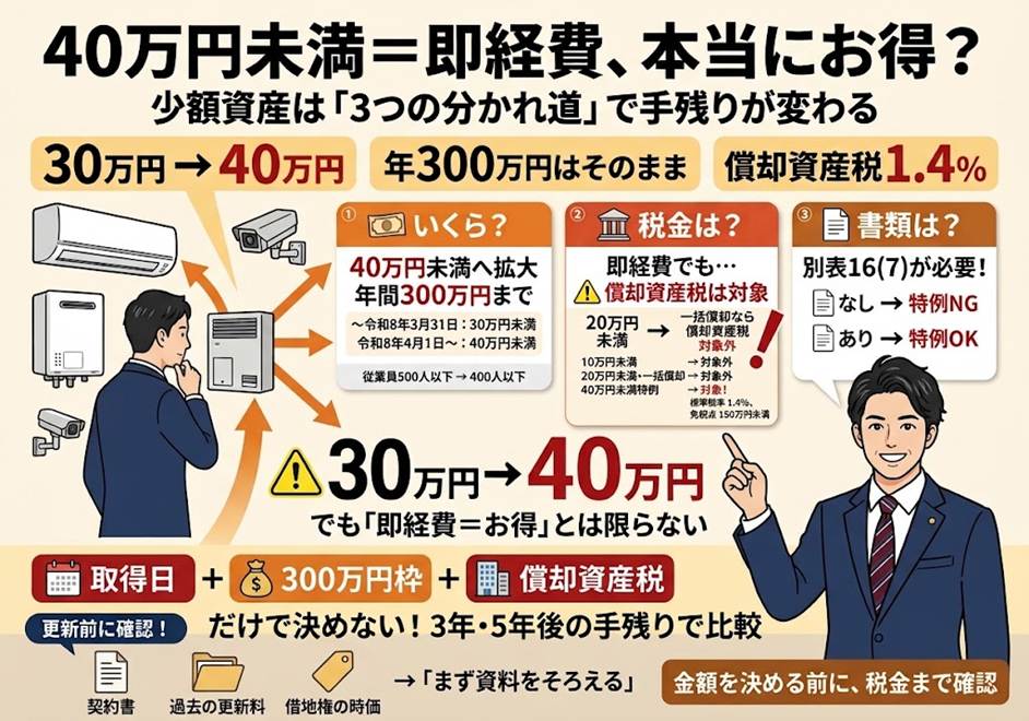 その設備、40万円未満なら即経費で正解ですか？——少額資産の特例が広がった今こそ確かめたい3つの分かれ道
