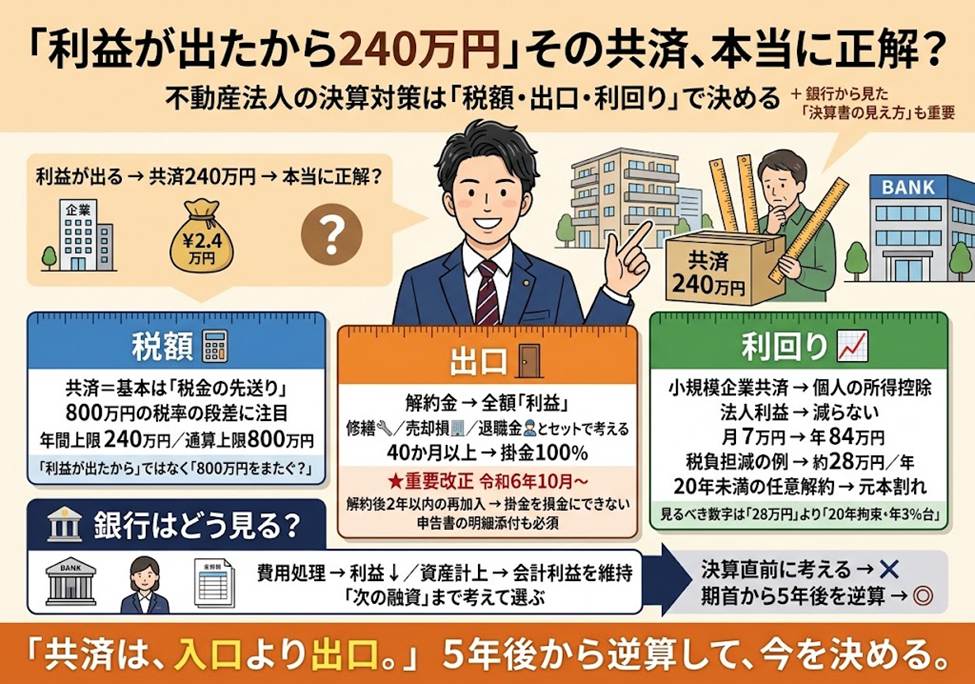 利益が出そうだから共済に240万円、で終わっていませんか？——法人で不動産を持つ人の決算対策、3つのものさし