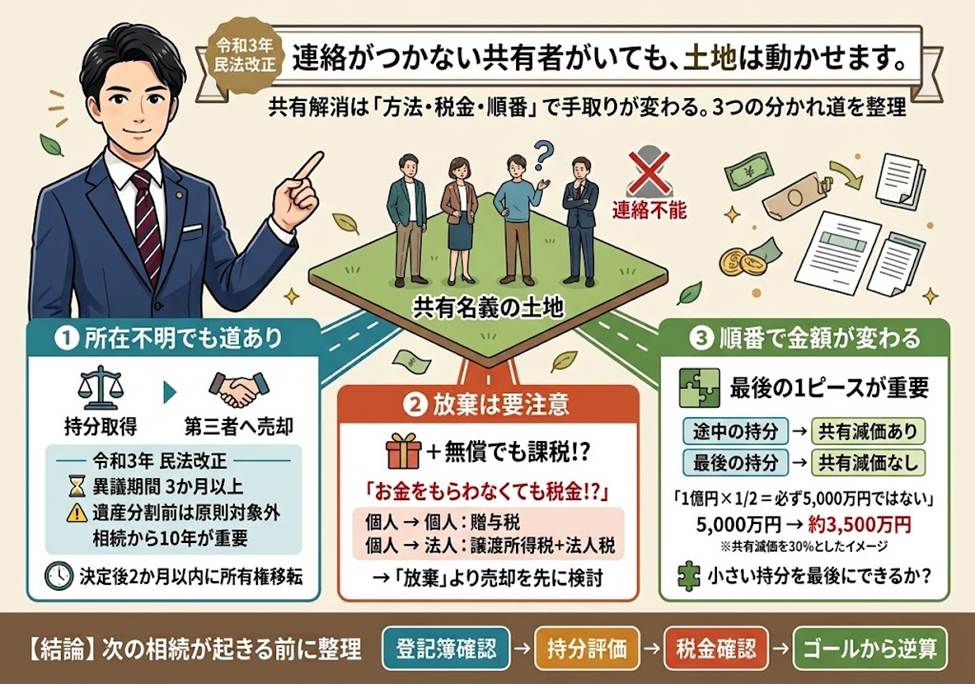 連絡のつかない共有者がいると、その土地は一生動かせない？——共有を解消するときの3つの分かれ道