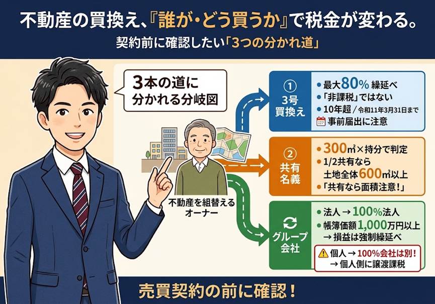 「不動産を買い換えれば税金は先送りできる」と思っていませんか?——3号買換え・共有名義・グループ会社間譲渡で結果が変わる3つの分かれ道