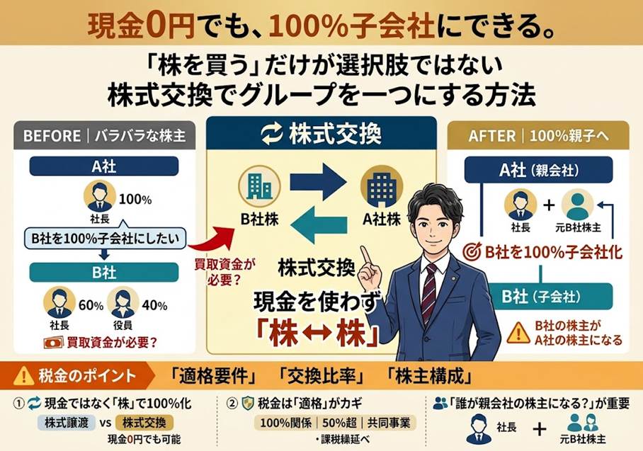 現金を使わずに、会社を100％子会社にできることをご存じですか？──株式交換でグループを一つにする方法