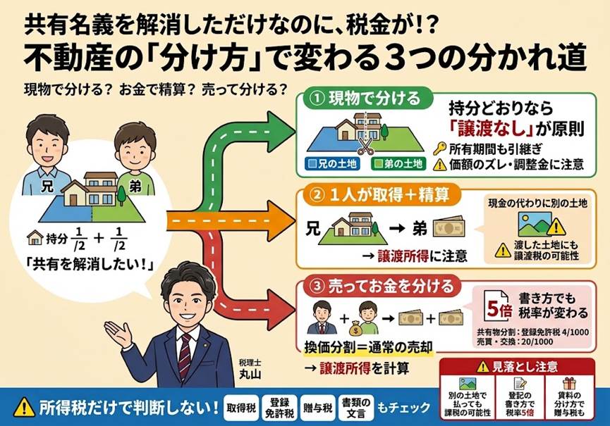 共有名義の不動産を分けたら税金はかかる？——現物分割・価格賠償・換価で結果が変わる3つの分かれ道