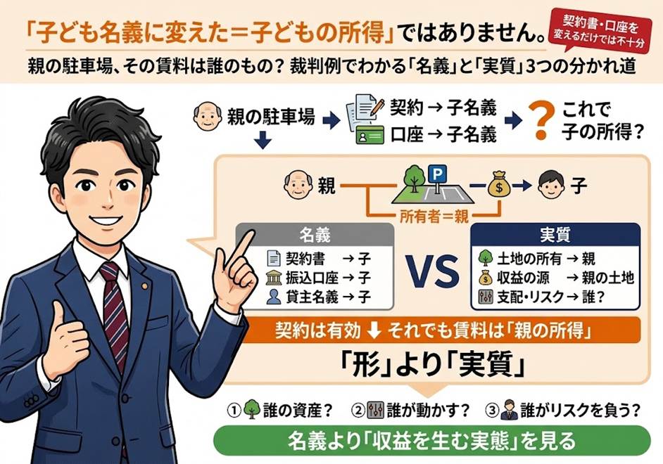 親の駐車場を子ども名義で貸せば、賃料は子どもの所得？——判決から学ぶ「名義」と「実質」を分ける3つの分かれ道