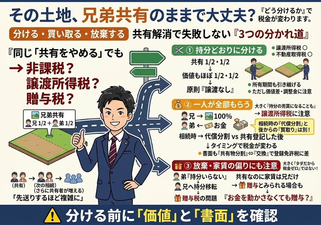 相続した土地を「兄弟で共有のまま」にしていませんか?——共有をほどくときの税金で手取りが変わる3つの分かれ道