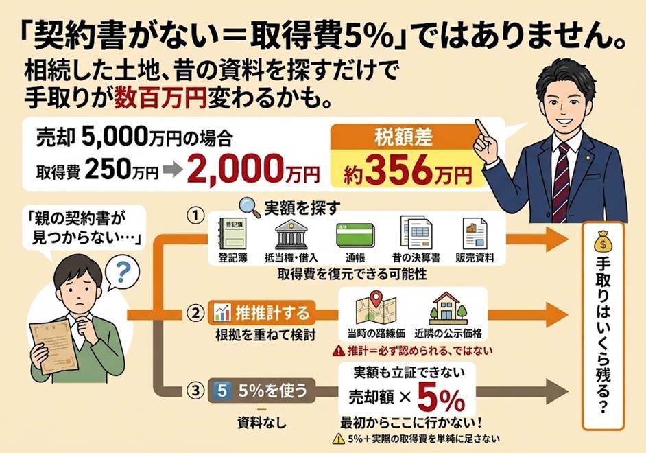 「契約書がないから取得費は5％」で申告していませんか？——取得費不明の土地で手取りが数百万円変わる3つの分かれ道