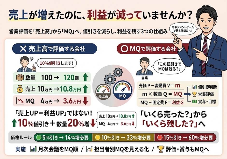 その営業評価、値引きを生んでいませんか？──「売上高」から「MQ」へ変えるだけで利益が残る3つの仕組み
